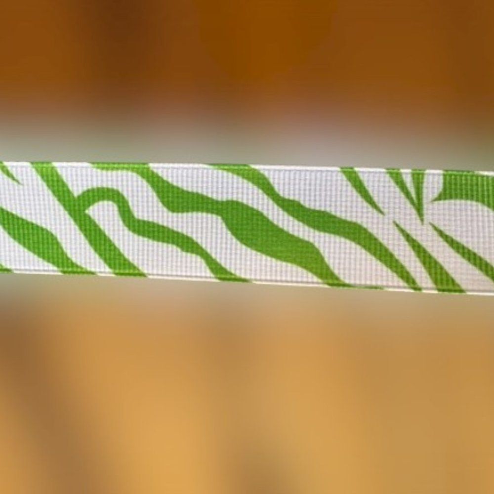 White Grosgrain Ribbon with Green Zebra Print  78R778  ****ALL RIBBONS BUY 2 GET